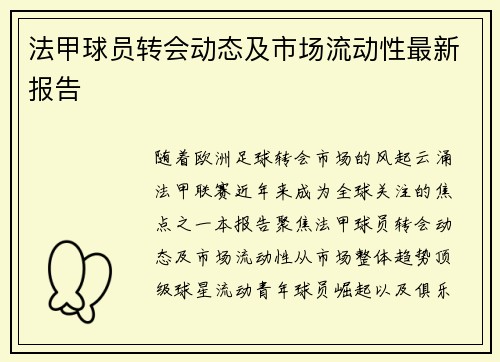 法甲球员转会动态及市场流动性最新报告
